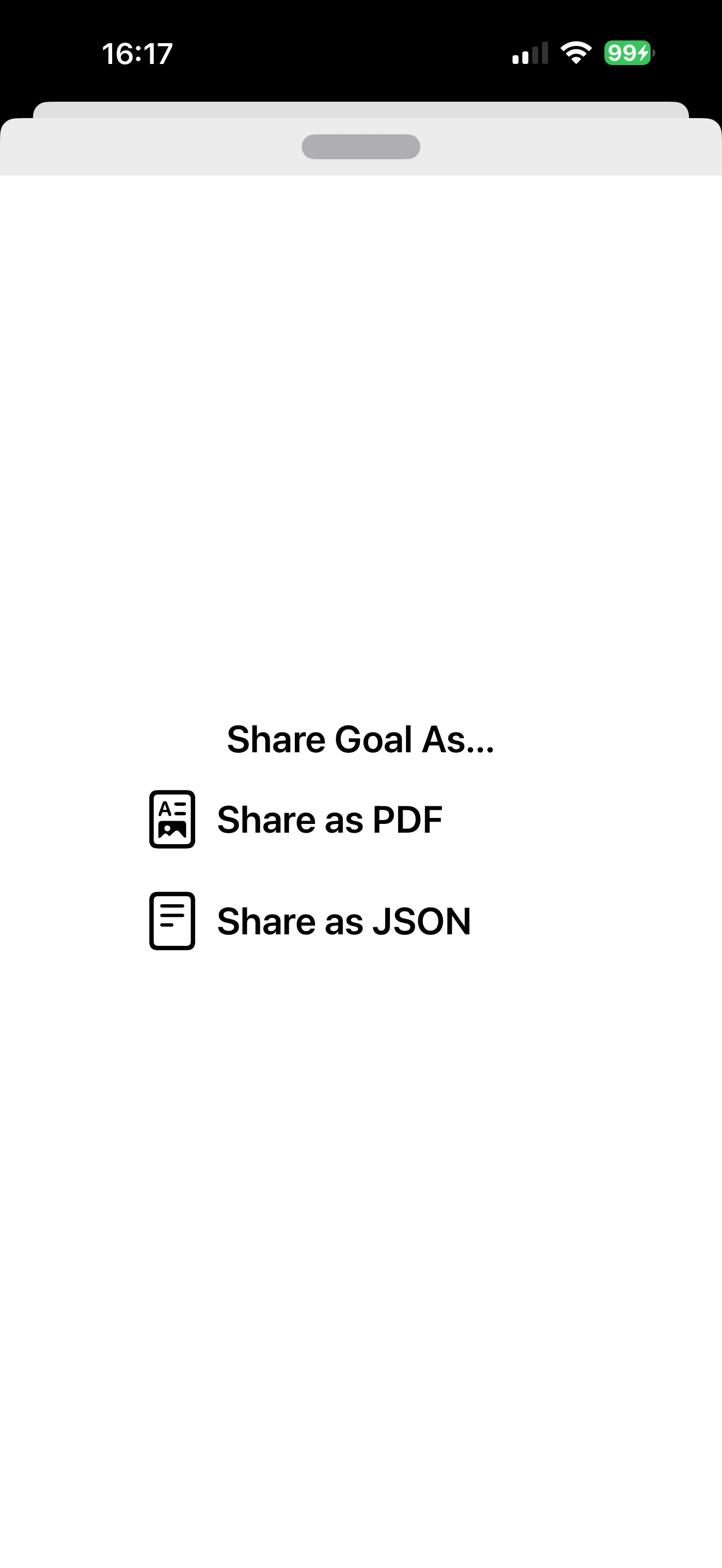 Поповер опций экспорта с выбором PDF и JSON