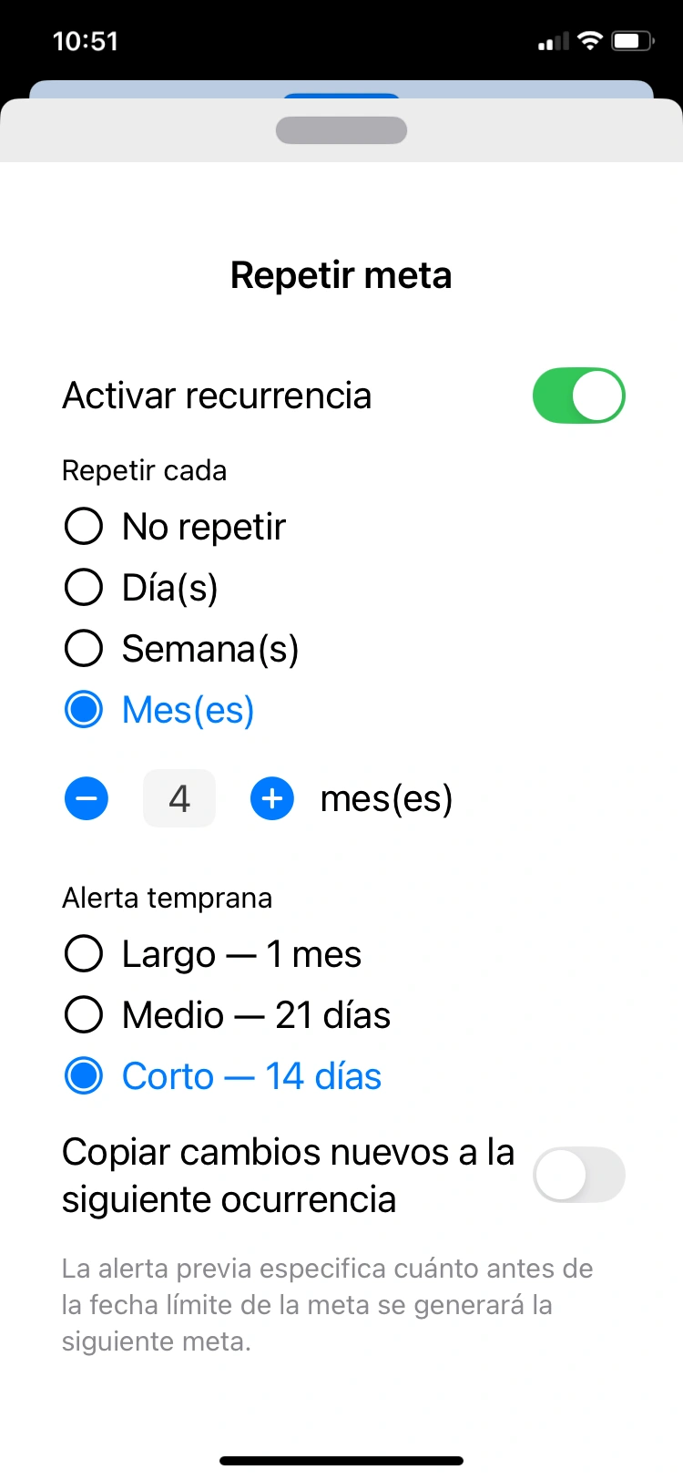 Ajustes de recurrencia: frecuencia mensual