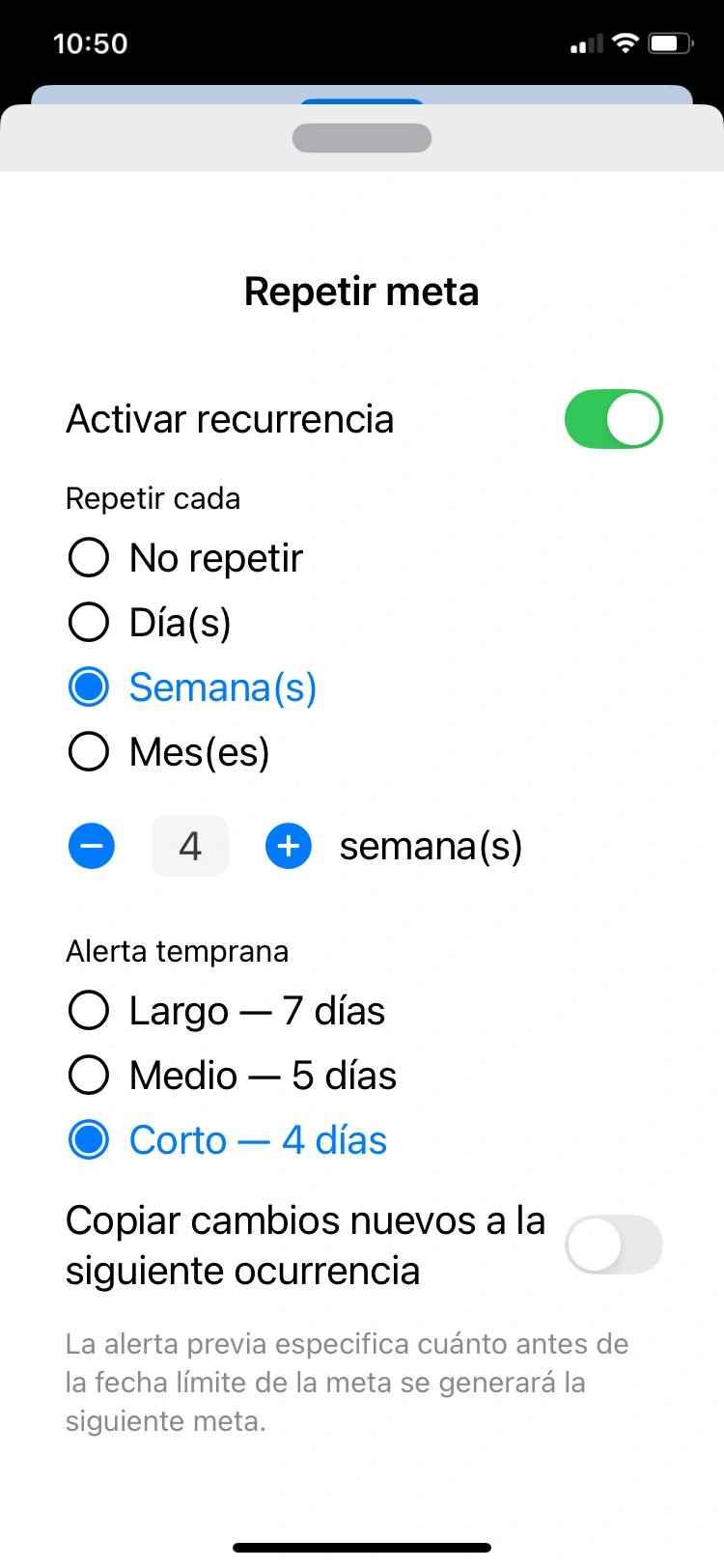 Ajustes de recurrencia: frecuencia semanal