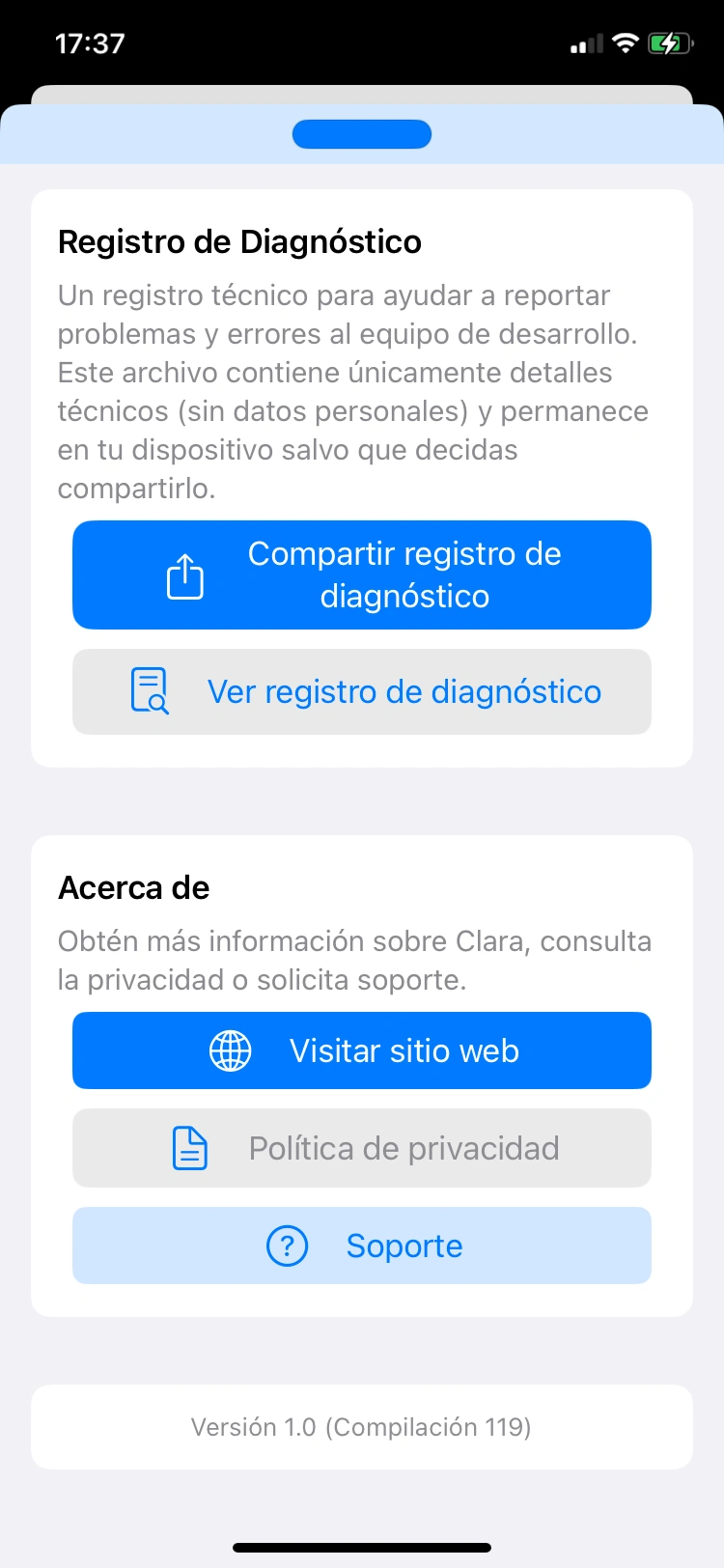 Registro de diagnósticos y sección acerca