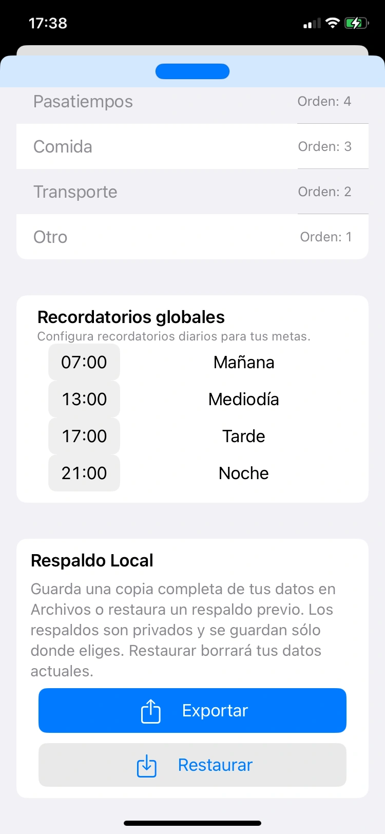 Vista de respaldos y recordatorios globales